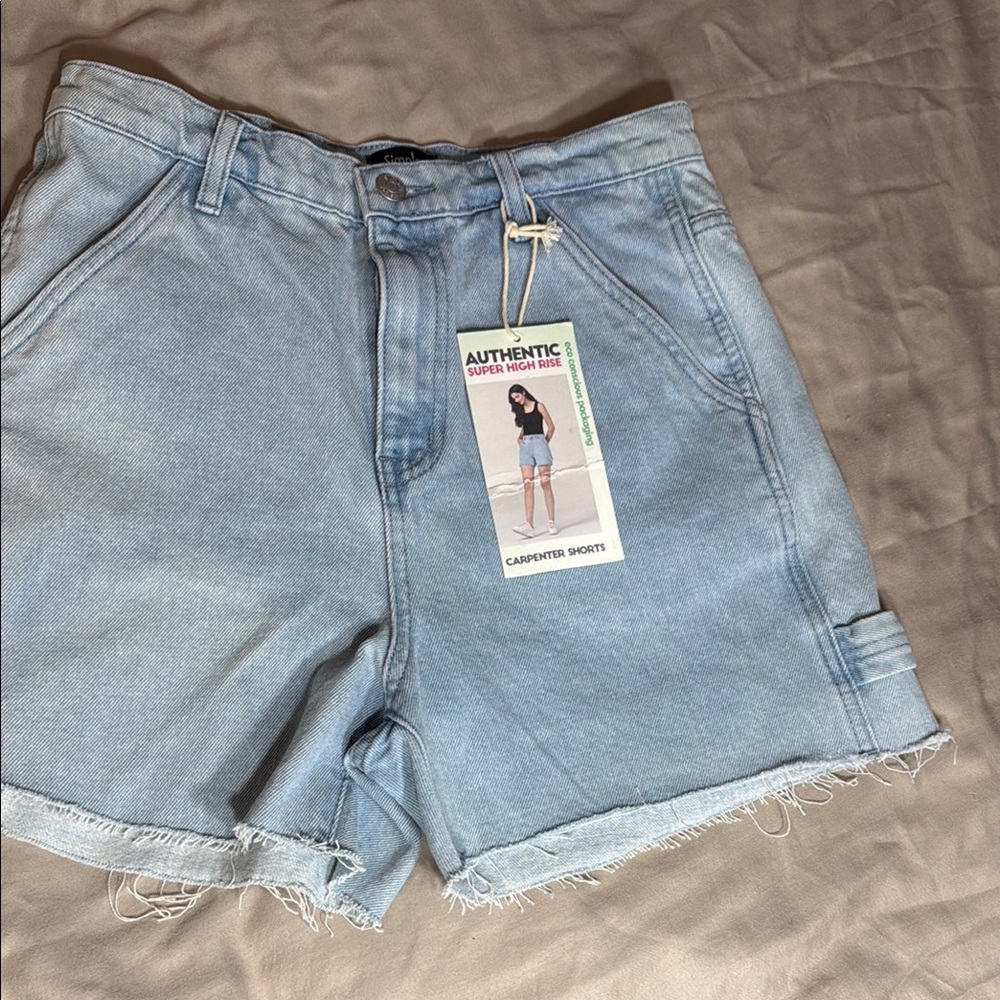 High Waist Blue Denim Shorts with Frayed Hem